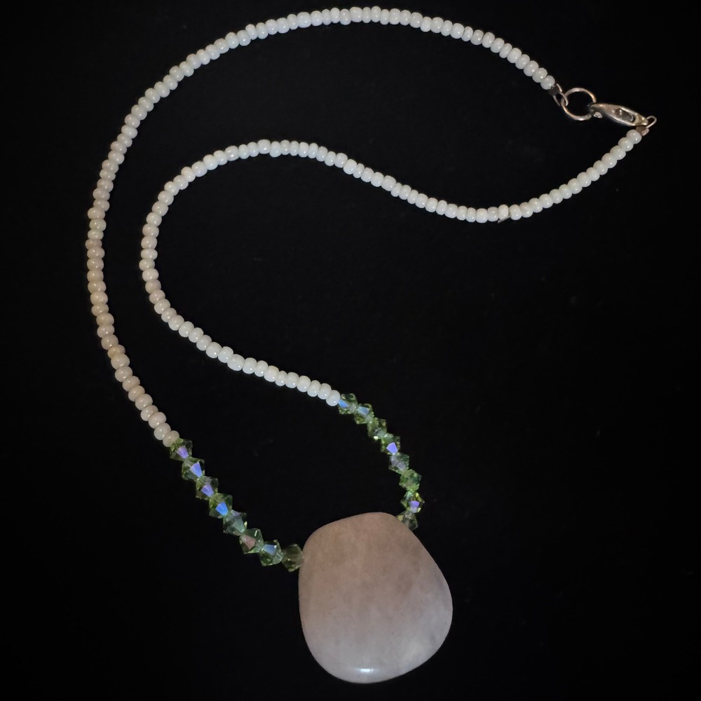 Pink Rose Quartz Necklace Teal Iridescent Crystal White Seed Beads 14.5" Boho